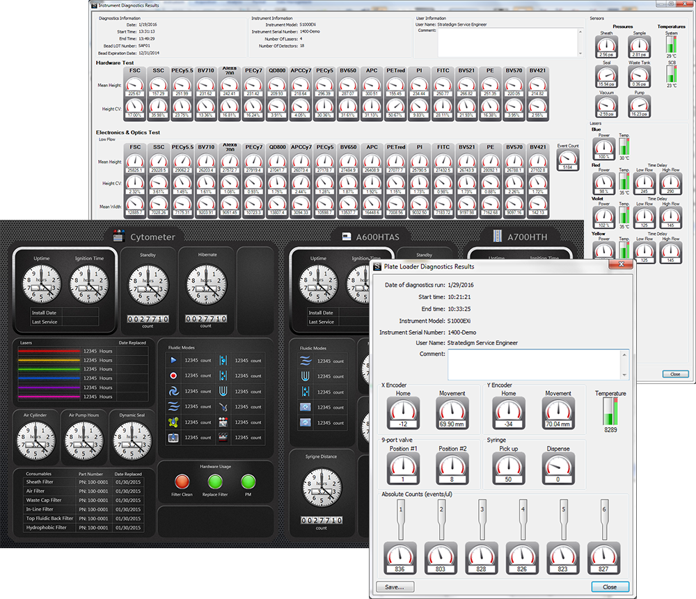 Stratedigm's Instrument Diagnostics, Control Center, and Loader Diagnostics Screenshots